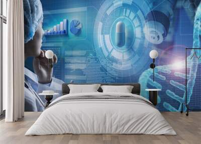 Doctor analysing medication on holographic interface. Conceptual composite image about innovative technologies in pharmaceutical science research. 3d illustration elements. Wall mural