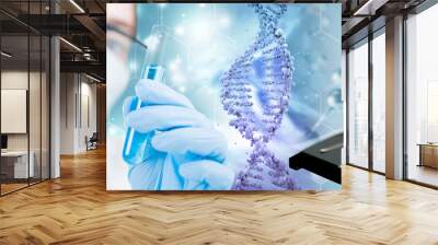 scientist, DNA helix and microscope in blue background Wall mural