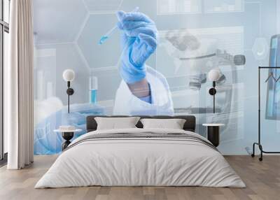 scientist holding a test tube in a scientific background, 3d illustration Wall mural