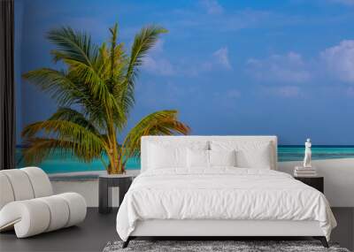 turquoise sea and coral beach with a single coconut palm tree Wall mural