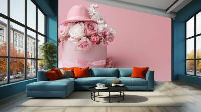 Blooming Elegance: A Hat Round Box Flower Arrangement on Pink Background Wall mural