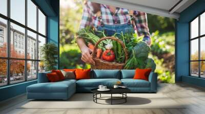 Bountiful Harvest: A Close-Up of a Woman with a Basket of Fresh Vegetables in the Garden Wall mural