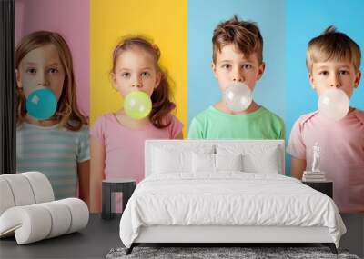 Bubblegum Blast: Playful Kids Popping Bubbles on Vibrant Color Backdrops (AR 7:4) Wall mural