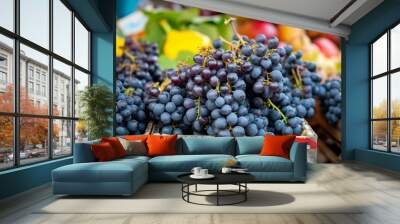 Captivating Display of Fresh Black Grapes at a Vibrant Market Stall -- Wall mural