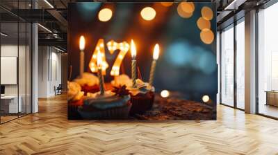 Celebrating 74 Years: Birthday Cake with Candles on Anniversary Background Wall mural