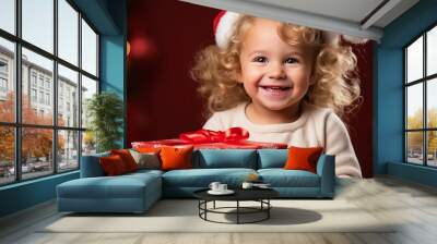 Cheerful Family Embracing Festive Spirit: Children Delight with Christmas Presents in Vibrant Red Ba Wall mural