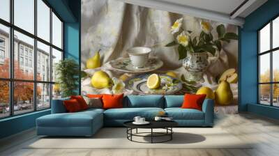 Elegant Dining: A Stunning Table Set with Fine Ceramics and Fresh Fruits on Textured Linen Backgroun Wall mural