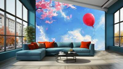 Floating among the Cherry Blossoms: A Balloon in the Blue Sky Wall mural