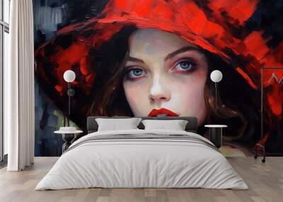 Fragment of a portrait of a young beautiful girl with red lips. Acrylic , oil painting on canvas Wall mural