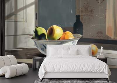 Fresh Fruit Bowl and Napkin: A Light Kitchen Scene in AR 4:3 Wall mural