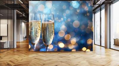 Glamorous New Year's Eve: Champagne Toast with Golden Glitter and Bokeh Lights on Blue Abstract Back Wall mural