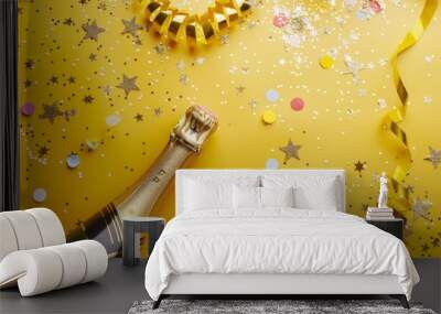 Golden Celebration: Champagne and Confetti Stars for Christmas, Birthdays, and Weddings - Flat Lay I Wall mural