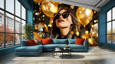 Golden Glamour: A Stylish Celebration with a Trendy Young Woman Wall mural