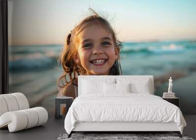 Joyful Moments by the Seashore: Little Girl's Laughter Captured on Camera Wall mural