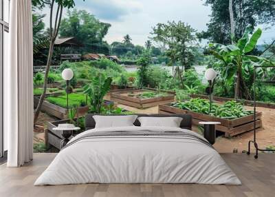 Nourishing the Community: Vegetable Garden Beds Along the Mekong River in Thailand Wall mural