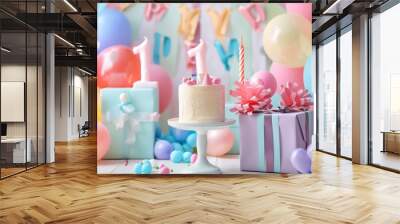 Party Time: Celebrating One Year with Decorations, Balloons, Gifts, and Cake Smash Fun! Wall mural