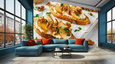 Pear and Walnut Bruschetta: A Sweet and Savory Delight on a White Board Wall mural