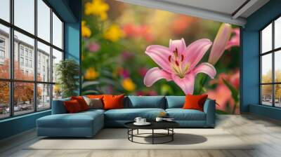 Pink Lily Paradise: A Close-Up Beauty Amidst a Blurry Floral Landscape Wall mural