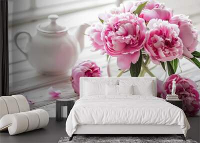 Pink Peonies in a Glass Jar: A Delicate Touch to a White Wooden Table Wall mural