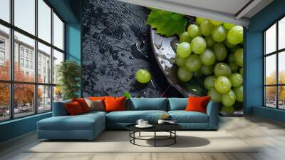 Refreshing Delicacy: Closeup of Juicy Ripe Green Grapes with Water Drops on a Wooden Background Wall mural