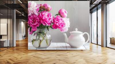 Serene Beauty: Pink Peonies in Glass Jar on White Wooden Table Wall mural