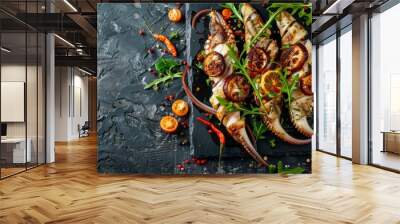 Sizzling Seafood Delight: Baked Squid and Veggies on a Black Stone Plate Wall mural