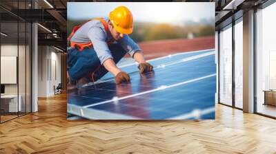 Solar power engineer installing solar panels, on the roof, electrical technician at work Wall mural