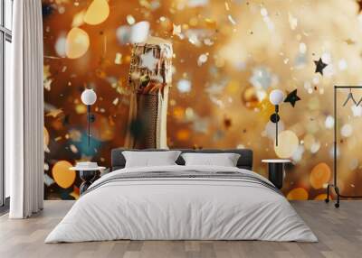 Sparkling Celebration: Champagne and Confetti Stars on Golden Background Wall mural