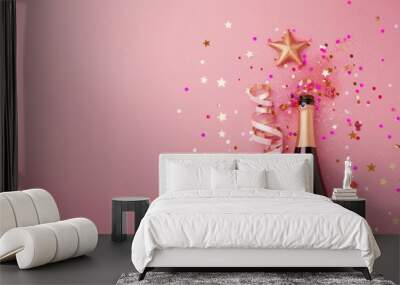 Sparkling Celebration: Festive Champagne Bottle and Confetti Stars on Pink Background Wall mural