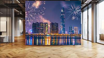 Sparkling Skies: New Year and Tet Celebration at Landmark 81 Skyscraper in Ho Chi Minh City, Vietnam Wall mural