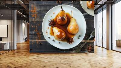 Spiced Caramelized Pears: A Festive Holiday Dessert on a White Plate Wall mural