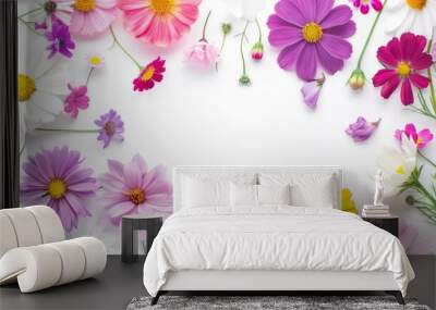 Summer Splendor: Exquisite Cosmos, Aster, and Zinnia Floral Border on White Background Wall mural