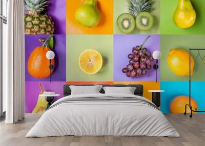 Vibrant Array of Fruits: Tangerine, Pineapple, Pears, Grapes, Apples, Lemon, and Kiwi on Colorful Ba Wall mural