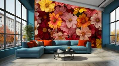 Vibrant Bloom: A Spectrum of Red, Yellow, Pink, Salmon and Marigold Flowers Wall mural