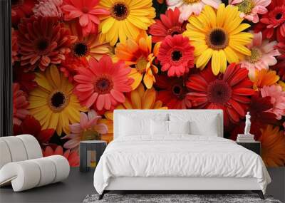 Vibrant Blooms: A Symphony of Red, Yellow, Pink, Salmon Pink, and Marigold Orange Flowers Wall mural