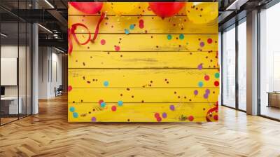 Vibrant Carnival Celebration: A Festive Display of Balloons, Streamers, and Confetti on a Rustic Yel Wall mural