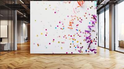 Vibrant Party Decor: Colorful Confetti and Streamers on White Backgrounds Wall mural