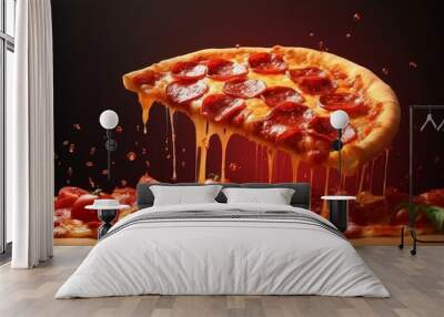 A tasty slice of pepperoni pizza flying through a bright white background, simply mouthwatering Wall mural