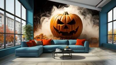 Eerie halloween vibes  pumpkin head emerges from mystical smoke in cosmic atmosphere Wall mural