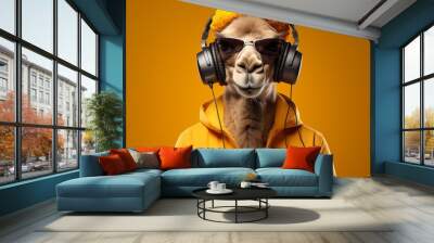 Stylish camel with wireless headphones on simple background, fashion animal concept Wall mural