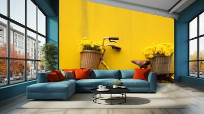 Yellow bicycle against a striking mustard wall, creating a vibrant contrast in the scene Wall mural