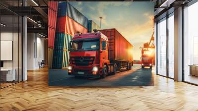 Global business logistics import export of container cargo freight ship in the loading and unloading with truck at port shipping dock yard, copy space, transportation Industry concept.  Wall mural