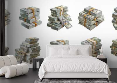 Collection of money pile of packs of hundred dollar bills stacks isolated on transparent background. Wall mural