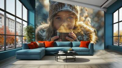 Portrait of a happy caucasian girl in winter clothes on a winter day. She is holding a cup of steaming hot tea. Wall mural