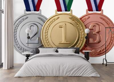 Set of gold, silver and bronze medals with ribbons isolated on transparent background.  Wall mural