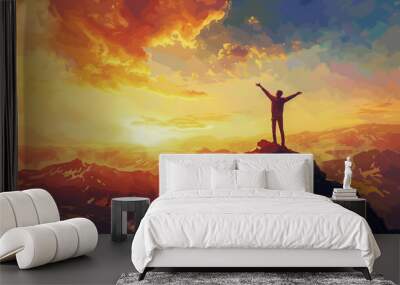 A man standing triumphantly on a mountain during a beautiful sunrise Wall mural