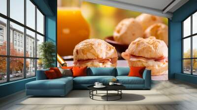 Brazilian cheese buns . Table coffee in the morning with cheese bread. Wall mural