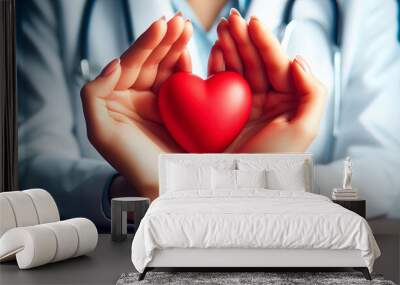 A pair of human hands gently cradling a vibrant red heart symbol, representing support for heart disease awareness and the importance of cardiovascular health care.  Wall mural