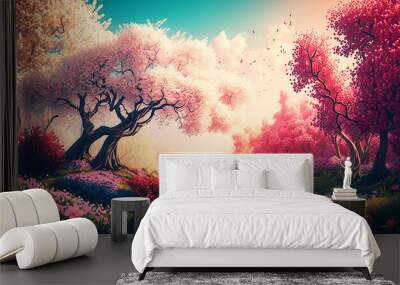 Blooming spring trees illustration. Horizontal digital oil looking painting. Spring landscape with colorful blooming trees. Ai illustration, fantasy digital painting Wall mural