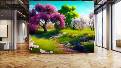 Blooming spring trees illustration. Horizontal digital oil looking painting. Spring landscape with colorful blooming trees. Ai illustration, fantasy digital painting Wall mural